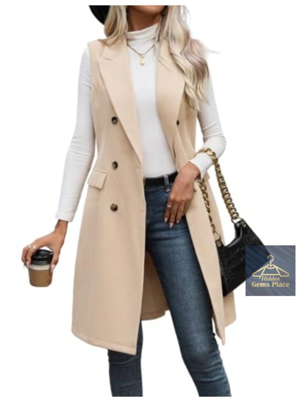 Women's Long Sleeveless Wool Blend Vest Double Breasted Blazer